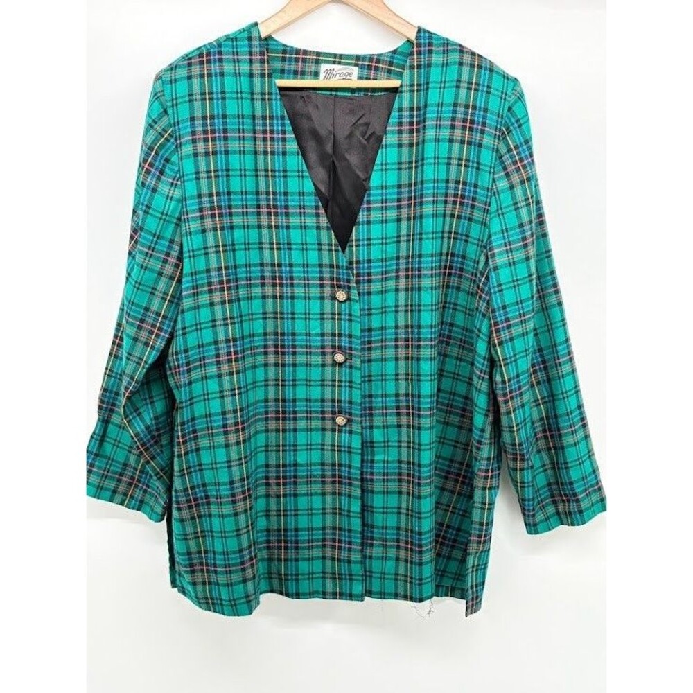 Vintage Women Mirage‎ Collection Green Plaid Blazer 80's Shoulder Pads XL